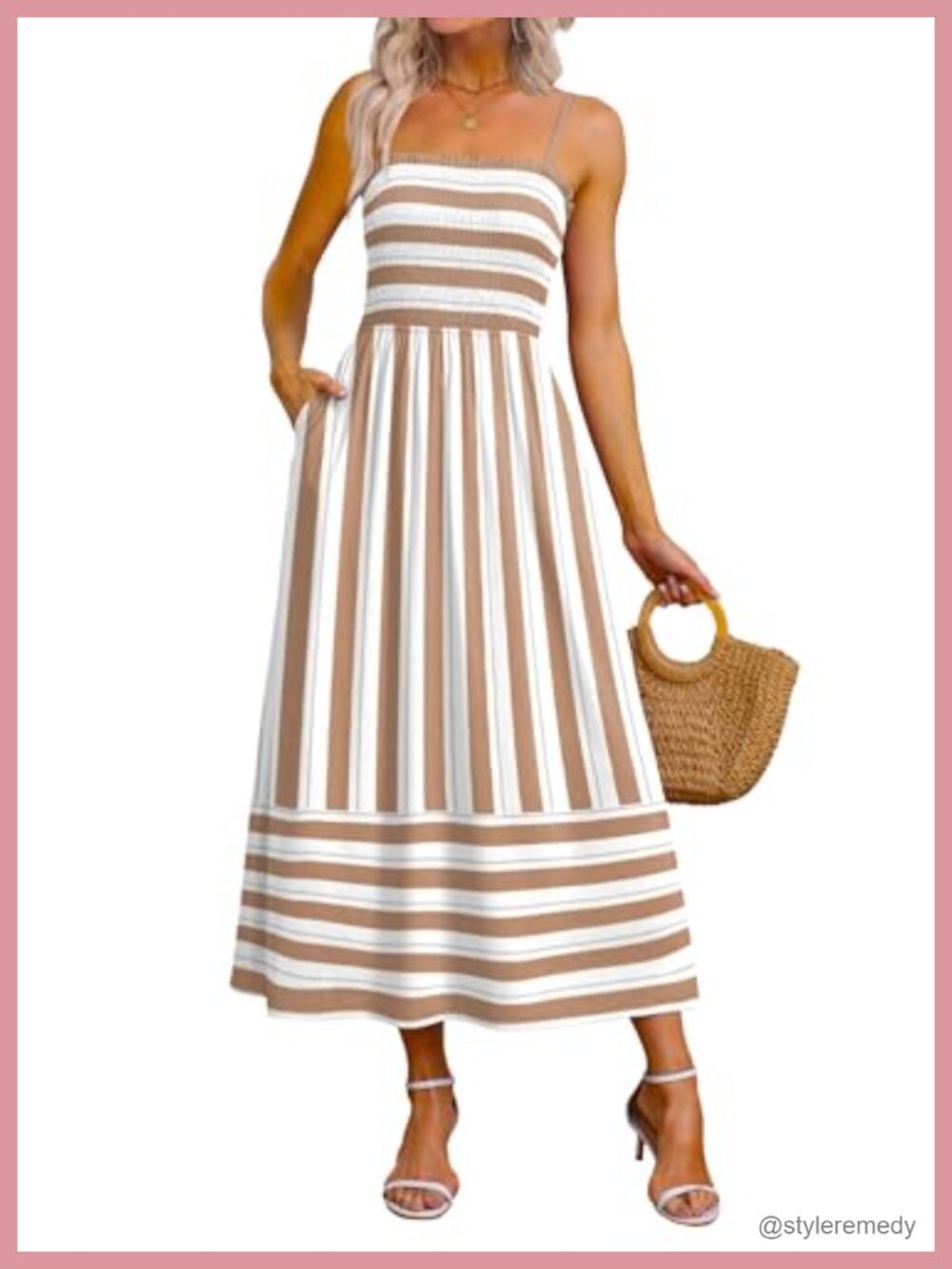 Spaghetti Strap Smocked Maxi Dress with Pockets Boho Beach Sundress